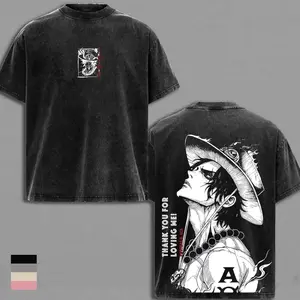 Vintage Washed Black One Piece Portgas D Ace Graphic T Shirt for Men Retro Anime Inspired Casual Short Sleeve Crewneck Oversized Streetwear Top for Fans RXH