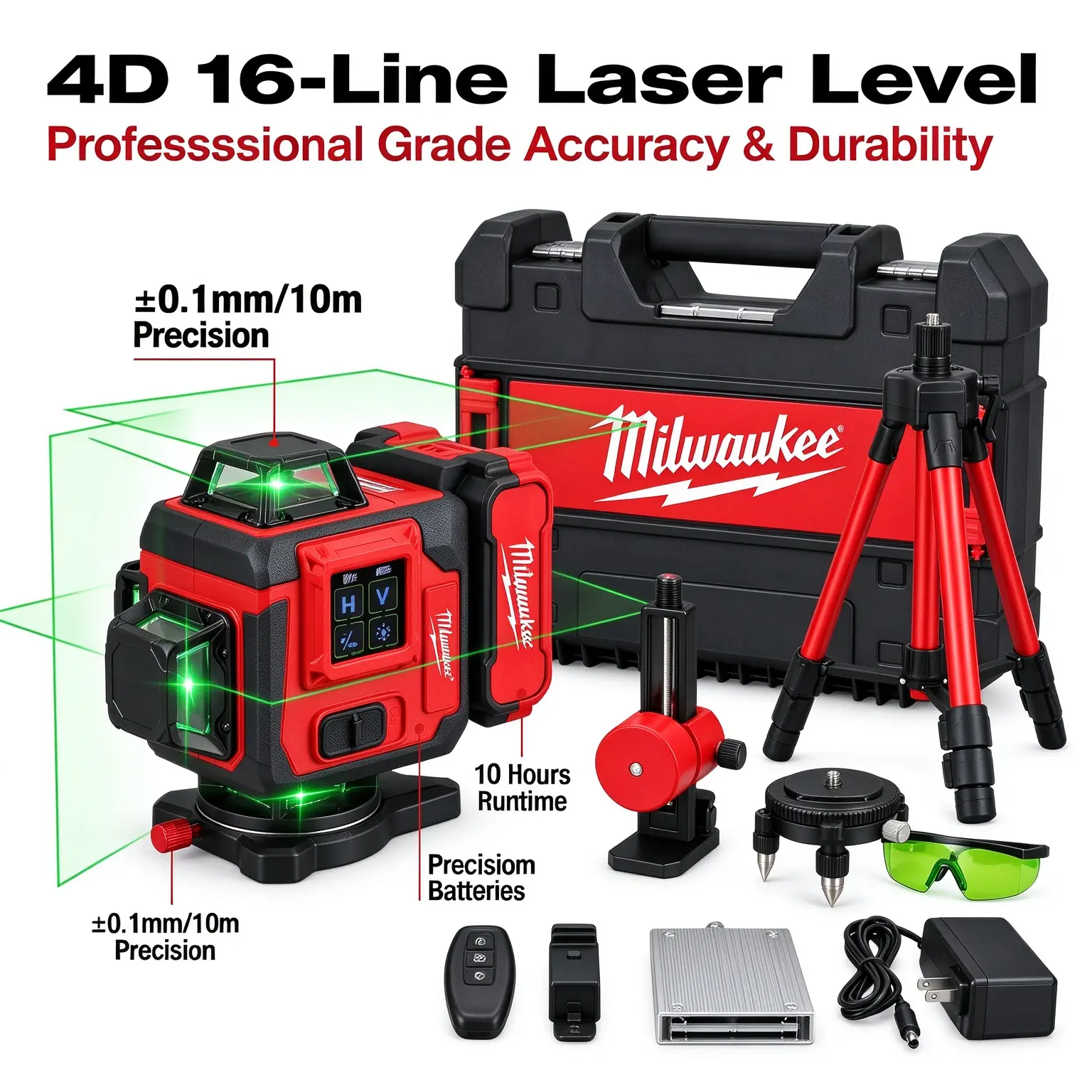 Milwaukee 16 Line 4D Laser Level, M12 Lithium-Ion Compatible, ±0.1mm/10m Accuracy, ±4° Self-Leveling Range, Heavy Truck Rapid Alignment Tool for Construction, Tiling friction ring reverse function