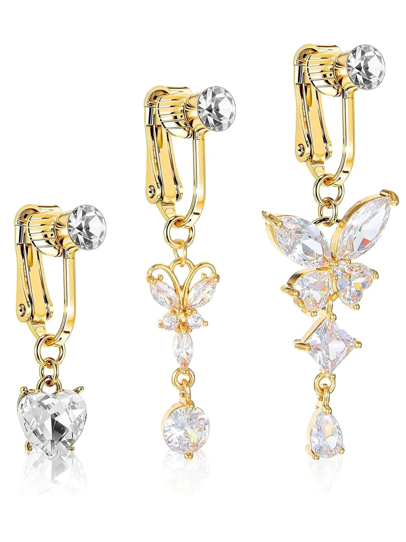 3 PCS Fake Belly Piercing Ring Clip on Belly Button Rings Earrings Butterfly Heart Long Chain Fake BellyPiercing Navel Ring Non-Piercing Body Jewelry Body Jewellery for Women Accessories