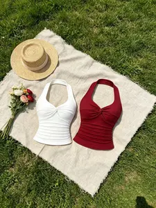 Women's Sleeveless Halter Top Set, Slim-Fitting Graphic Design, Casual Style, Waist Cinching, Folded Hem, Two-Piece, Womenswear