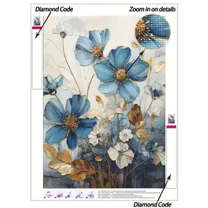 5D DIY Diamond Painting Blue Florals With Gilded Foliage & Delicate Petal Details DIY Diamond Art Kit, Soft Neutral Backdrop With Gradient Blue & Warm Metallic Accents Canvas Wall Art Print. Home Decor Diamond Painting, Mosaic Kit, Diamond Painting Kits