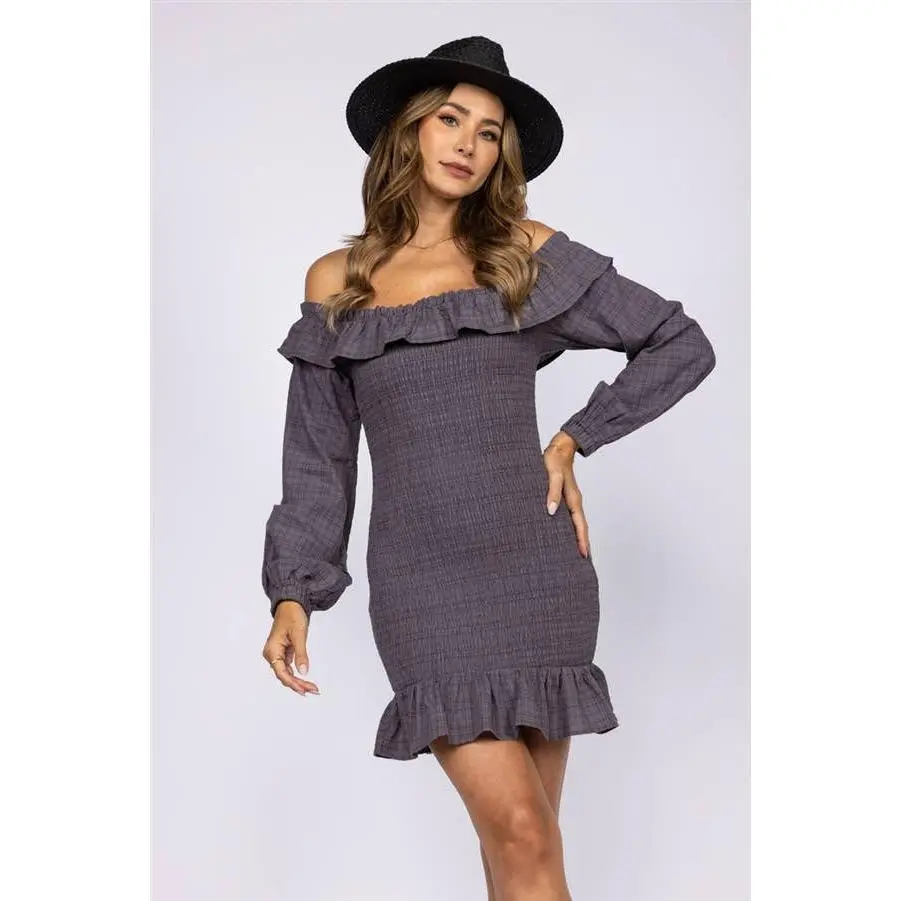 Stylish Wholesale - CHARCOAL MADRAS PRINT SMOCKED RUFFLE MINI DRESS