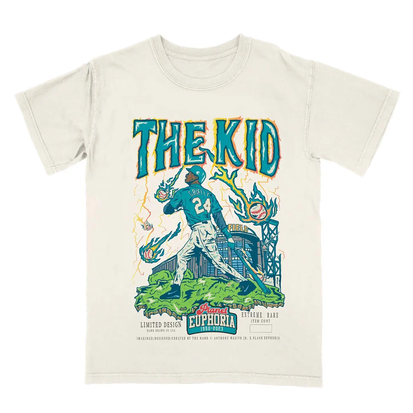 PE THE KID Ken Griffey Seattle Teal Edition Planet Euphoria Shortleeve Graphic Tee - Vintage 90s Retro Unisex Casual Sporty Chic Regular Fit Streetwear Sports Top