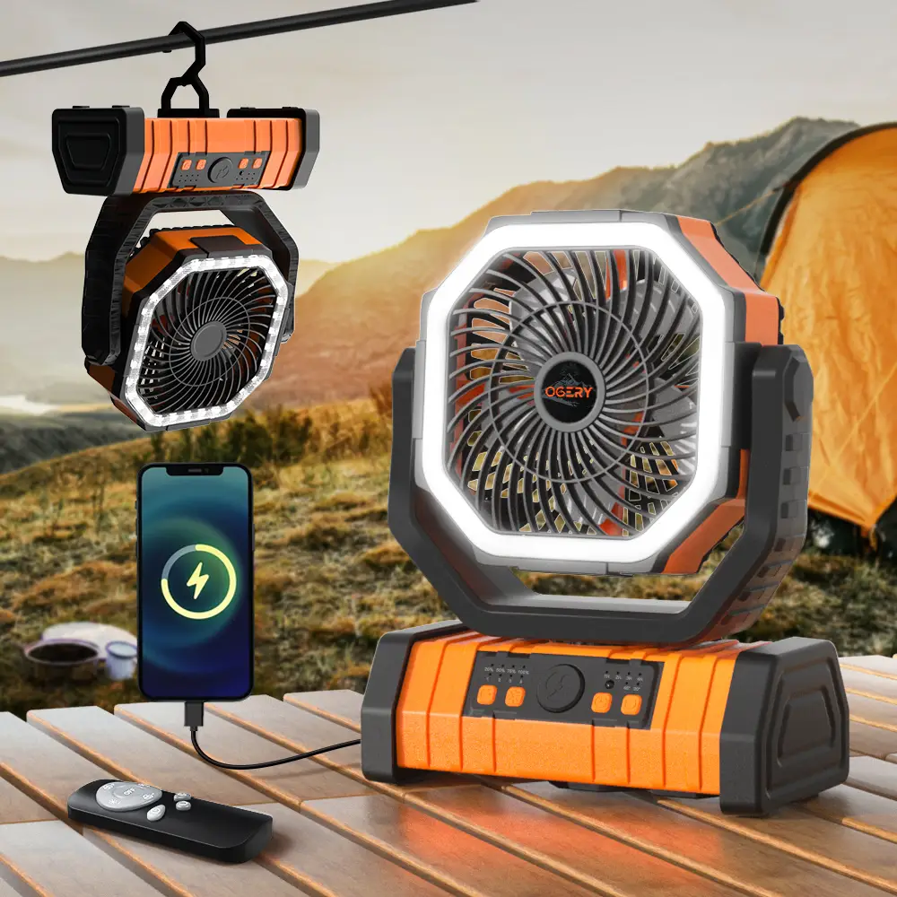 OGERY Rechargeable Camping Fan with LED Light, Portable Multi-functional Fan with 360° Rotating Hook, Oscillating Emergency Camping Fan Cordless Rotat