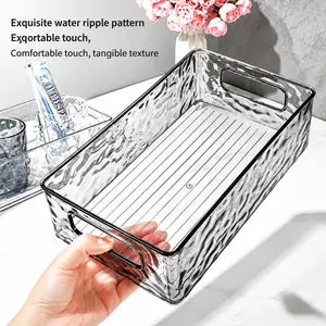 Wave Textured Clear Plastic Organizer Bin with Dual Side Handles, Stackable Multipurpose Storage Caddy for Bathroom Skincare, Kitchen Gadgets and Office Desk Accessories room Bench home vanity drawer
