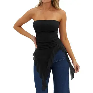 Womens Strapless Tube Tops Summer Asymmetrical Long Ruched Mesh Shirts Cute Y2k Ruffle Hem Going Out Bandeau Top