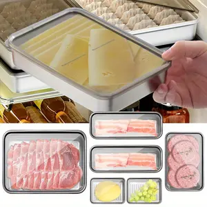 6PCS Stainless Steel Fridge Storage Containers with Lids - Airtight, Dishwasher Safe for Bacon, Cheese, Deli Meat & Fruits - 4 Sizes, Shelf Baskets kitchen gadgets supplies Reusable Snack Organizers