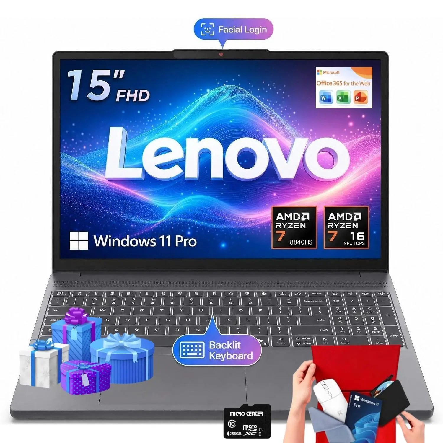2026 Lenovo Gray 15.3" Touchscreen Laptop | Ryzen 7 8840HS, Radeon 780M Graphics, Up to 32GB RAM 1TB SSD, FHD 1080P IR Camera, Backlit Keyboard, Windows 11 Pro, Bundle Accessories Included