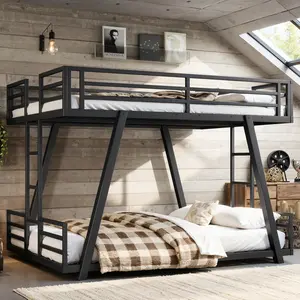 Full over Full Bunk Bed with 2 Side Ladders, Metal Bunk Bed with Spdcial Support Leg Design, Low Profile Bunk Bed, Black