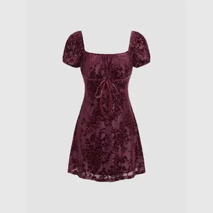 Cider [size 0-26] Velvet Square Neck Floral Bowknot Mini Dress SwimWeek