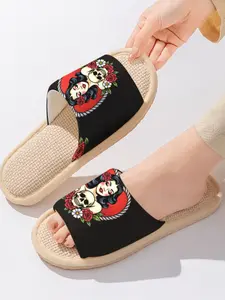 Vintage Tattoo Girl & Skull Print | Edgy Grunge Style 1 Pair Linen Breathable Non-Slip Indoor & Outdoor Slippers For Tattoo Lovers (Spring & Summer)