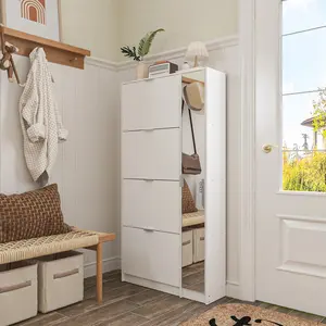 Mirrored Shoe Cabinet : Wood Storage with 4 Flip-Doors, Shelves & Mirror for Entryway/Hallway/Bedroom Organizer White Racks