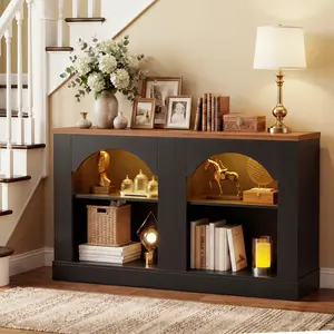 47'' Farmhouse Console Table with LED Lights, Arched Entryway Table with Adjustable Shelves, Sideboard Buffet Cabinet for Entrance Hallway Living Room