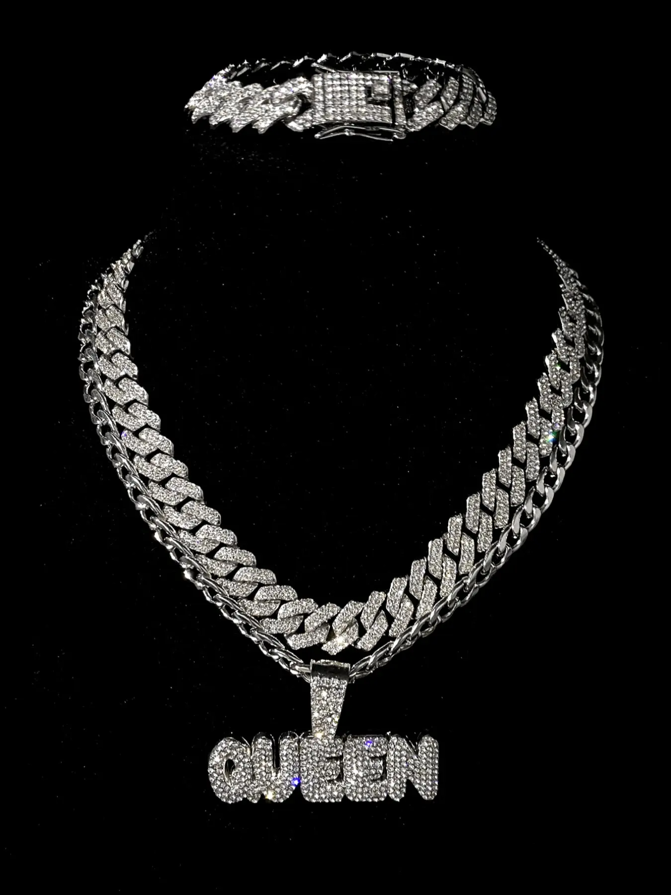 Hip-Hop Exquisite Letter Queen Pendants, Iced Blingbling Cuban Chain Necklaces & Bracelets, Stacking Jewelry Collection, Daily Wear, Cuban Figaro Set, Necklace and Bracelet Set, Jewelry Gift Set