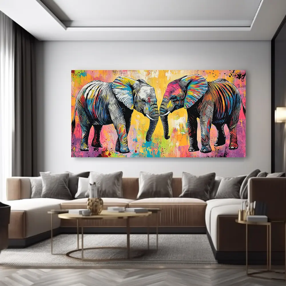 Artistic Modern Abstract Design Elephant Canvas Wall Art Print - Vibrant Vintage-Style Decorative Piece, Decoration for Living Room, Bedroom Home Decor Supplies