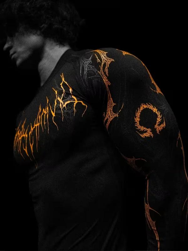 Men's Professional Sports Quick-Dry Fitness Shirt, Gothic Print Long Sleeve, High Elasticity, Round Neck, Moisture-Wicking, Running, Training, Daily Wear, Athletic Top
