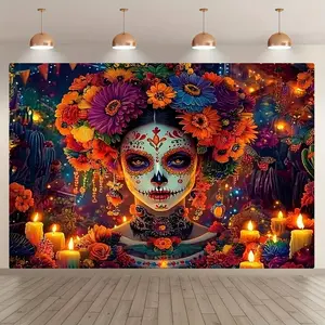 Mexican Theme Sugar Skull Banner, Photo Backdrops, Polyester Material, Colorful Day of the Dead & May 5 Party Decoration, Photo Booth Props