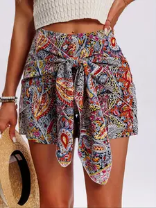Women's Paisley Print Tie Front Fitted Shorts, Boho Casual High Waist Shorts for Spring & Fall, Women's Bottoms for Daily Wear, Bohemian Womenswear