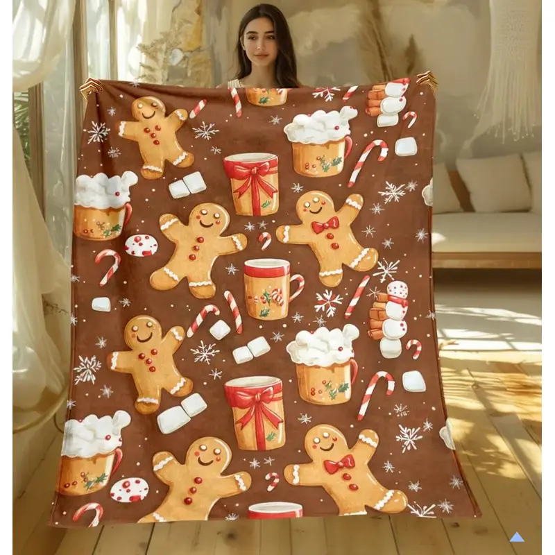 1pc Christmas Gingerbread Throw Blanket, Decorative Blanket - Lightweight Flannel-like All-Season Blanket with Gingerbread Men, Candy Canes, Gifts - Brown/Red/White Holiday Decor for Couch, Bed, Travel, Camping - Christmas Gift Idea Soft Cozy Blanket