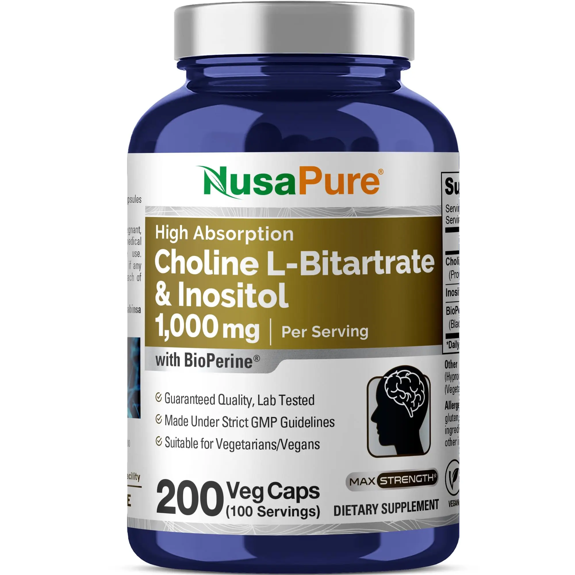 NusaPure Choline & Inositol Metabolism Supplements - 1000mg, 200 Veggie Capsules, Vegetarian/Vegan-Friendly, Non-GMO, Plant-Based Support for Brain Health, Polycystic Ovary Syndrome