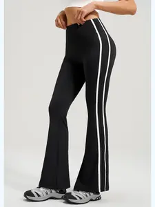 Xelle Women's High Waisted Flare Leggings with Side Stripes - Grey Bootcut Yoga Pants with Double Racing Stripes, Retro Sporty Workout Trousers for Gym & Streetwear