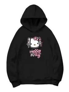 SANRIO Hello Kitty 260g Polyester Cotton Hoodie Black with Pink Graphic Design Comfortable Casual Wear for Autumn