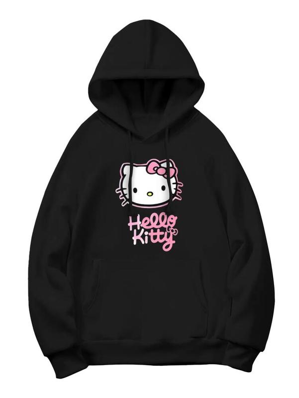 SANRIO Hello Kitty 260g Polyester Cotton Hoodie Black with Pink Graphic Design Comfortable Casual Wear for Autumn