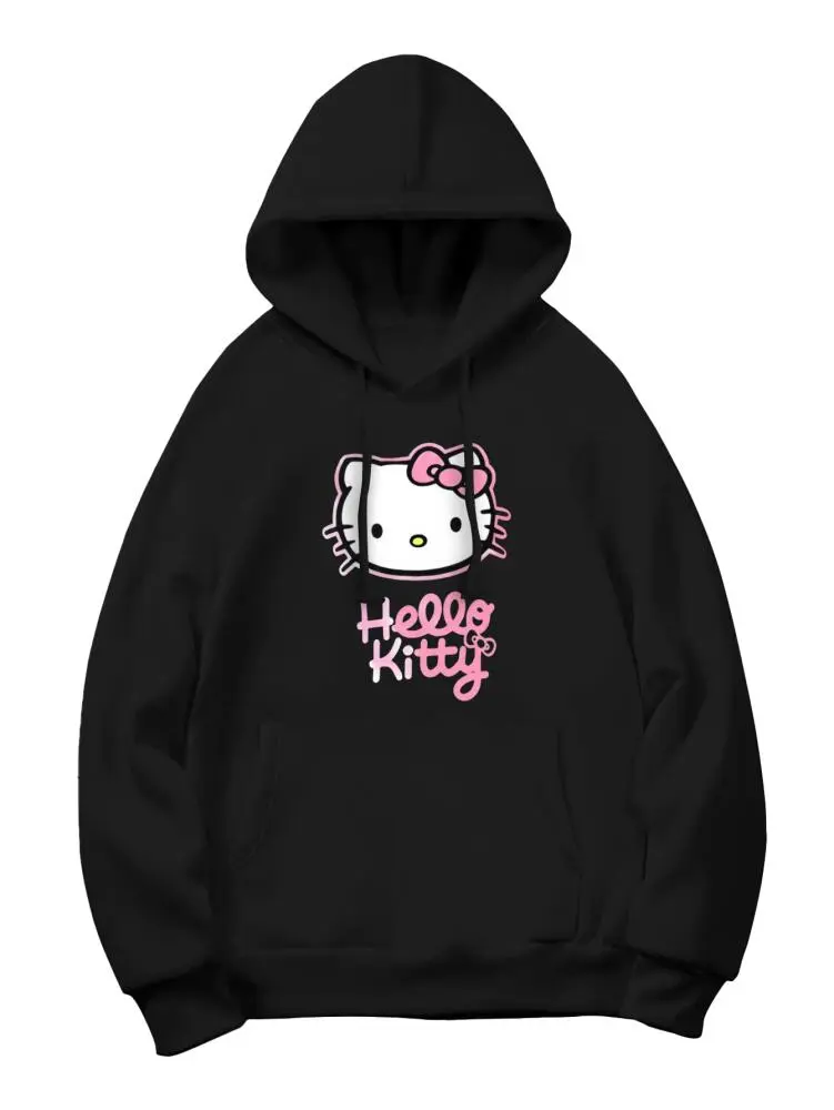 SANRIO Hello Kitty 260g Polyester Cotton Hoodie Black with Pink Graphic Design Comfortable Casual Wear for Autumn