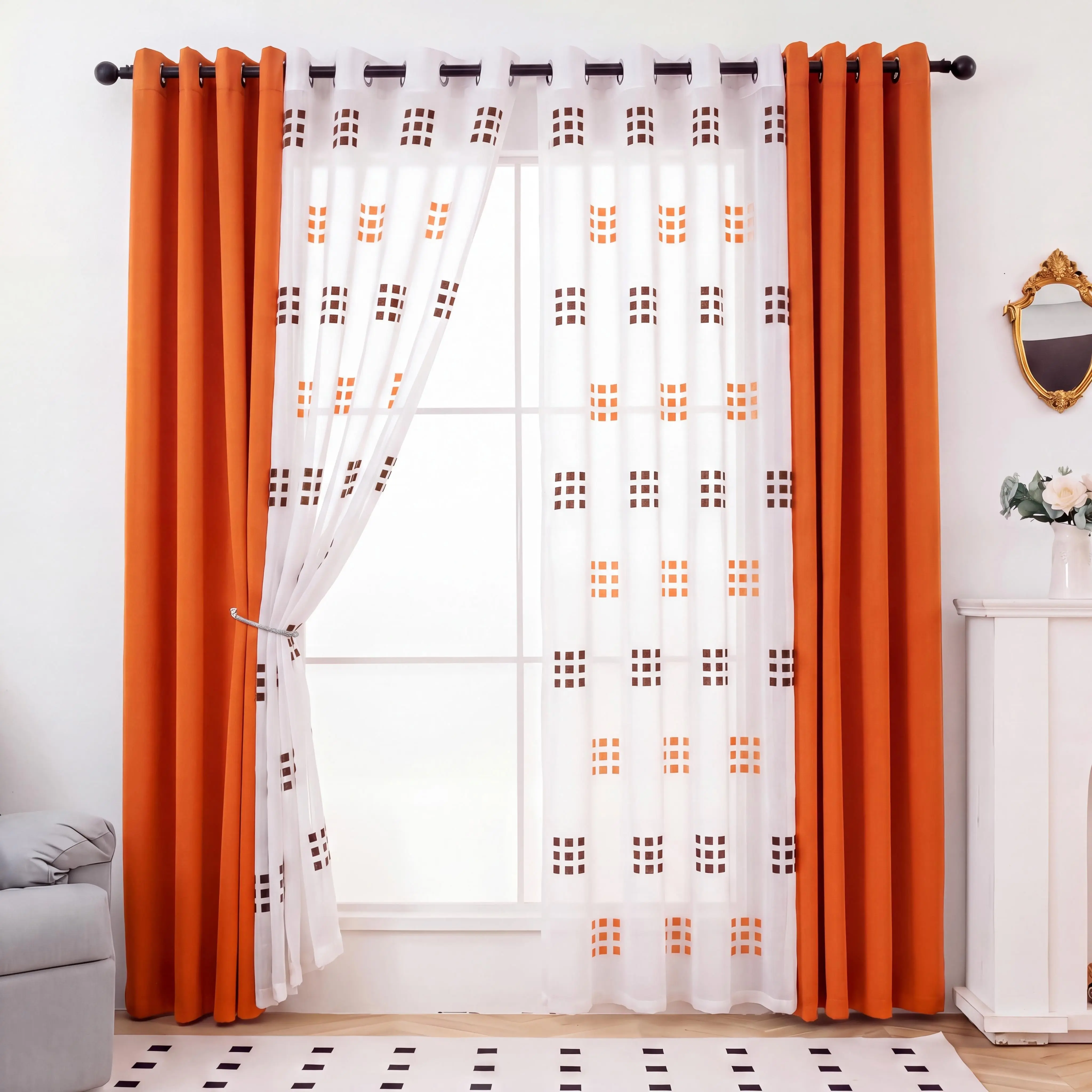 Linen Sheer & Blackout Curtains 4-Panel Set (52x84 in), 2 Square Block Jacquard Semi-Transparent Panels + 2 Thermal Light-Blocking Drapes, Grommet Top Boho Decor for Bedroom Living Room QF222 CT278, 84 In