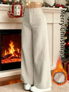 Women's Fall Winter Corduroy Wide Leg Pants, Pure Color Pocket Decorative Button Front, Casual Loose Fit Everyday Fashion Pants for Daily Wear