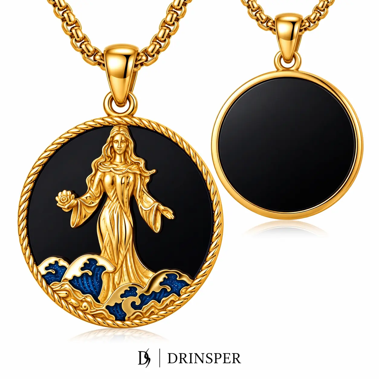 DRINSPER Yemaya Goddess Necklace for Women, Orisha Ocean Goddess Pendant with Obsidian Symbol, 925 Sterling Silver & 18K Gold Plated Spiritual Protection Jewelry,  Meaningful Gift for Ocean Lovers, Yoruba Culture Enthusiasts and Goddess Jewelry Collectors