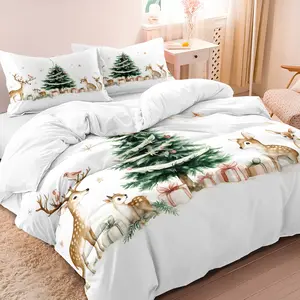 3pcs Christmas Tree Reindeer Plaid Duvet Cover Set -Decorative Duvet Cover -Digital Print Cartoon Themed Bedding Set -Zipper Closure, Machine Washable, Christmas Gift, Breathable 100% Polyester With 1 Duvet Cover+ 2 Pillowcases