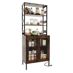 Garvee Multi-Functional Kitchen Pantry Cabinet with Power Outlets & LED Lights – Tall Bakers Rack with Storage Shelves, Coffee Bar Hutch, Countertop, with Glass Doors for Kitchen, Dining Room, Hallway Brown
