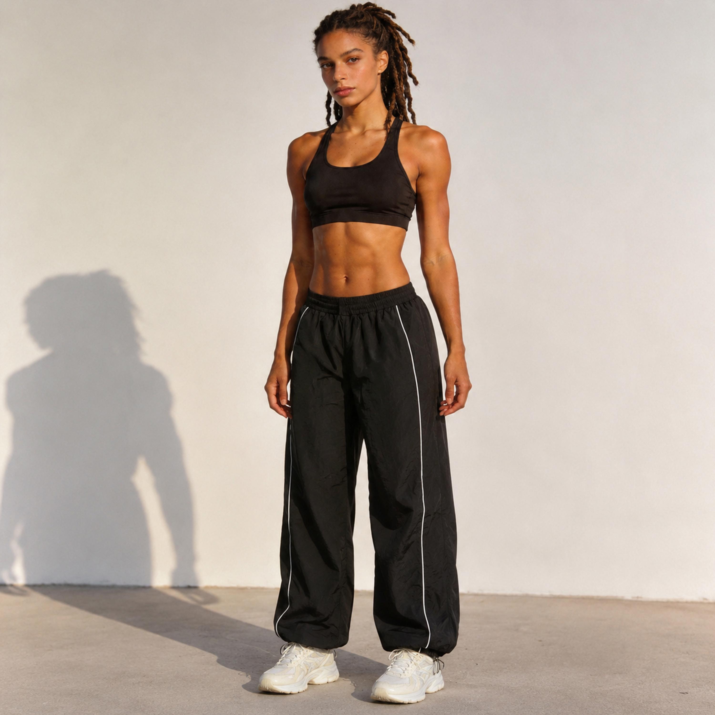 Women’s 2-Pack High-Waisted Parachute Track Pants - Polyester, Side Stripes, Elastic Waist, Drawstring Cuffs, Loose-Fit Windbreaker Joggers, Sporty Chic All-Season Casual Streetwear Athletic Bottoms, Polyester Pants, Casual Wear daily wear pant