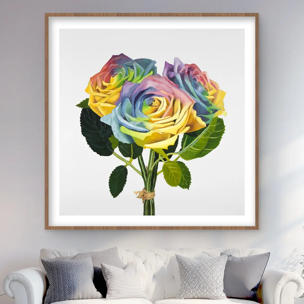 212 MAIN Vibrant Floral Framed Matted Wall Art Print - 48x48 in Colorful Rainbow Rose Bouquet, Rose Motif, Bedroom Wall Decor