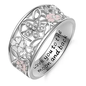 Engraved with love you to the moon and back Epoxy Diamond Lucky Romantic Cherry Blossom Ring Flower Wedding Engagement Eternal Ring