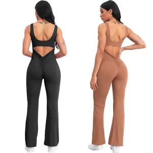 Women Sleeveless Flare Jumpsuits Sexy Backless Tank Tops Bodycon Scrunch Butt Yoga Rompers Seamless Unitard Playsuit Soft Womenswear Athletic Comfy Athletic Womenswear fitnesswear Tracksuits