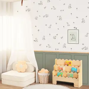 Sage Green Nursery Wall Decor Set - Canvas Peel and Stick Wainscoting Panels with Real Wood Trim and Woodland Animal Decals, Renter Friendly for Baby Kids Room (4 Panels)