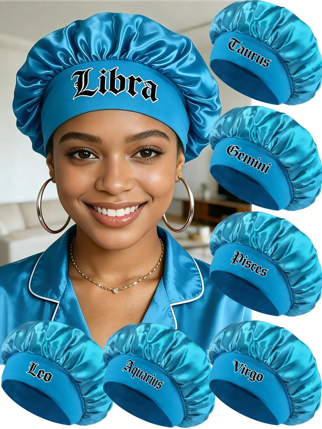 1PC Blue Satin Sleep Cap, Hair Care Cap, Lightweight Breathable Hair Protection Sleeping Bonnet, Hair Wrap Cap, Zodiac Print, Large Size, Silk Turban Hat with Elastic Band