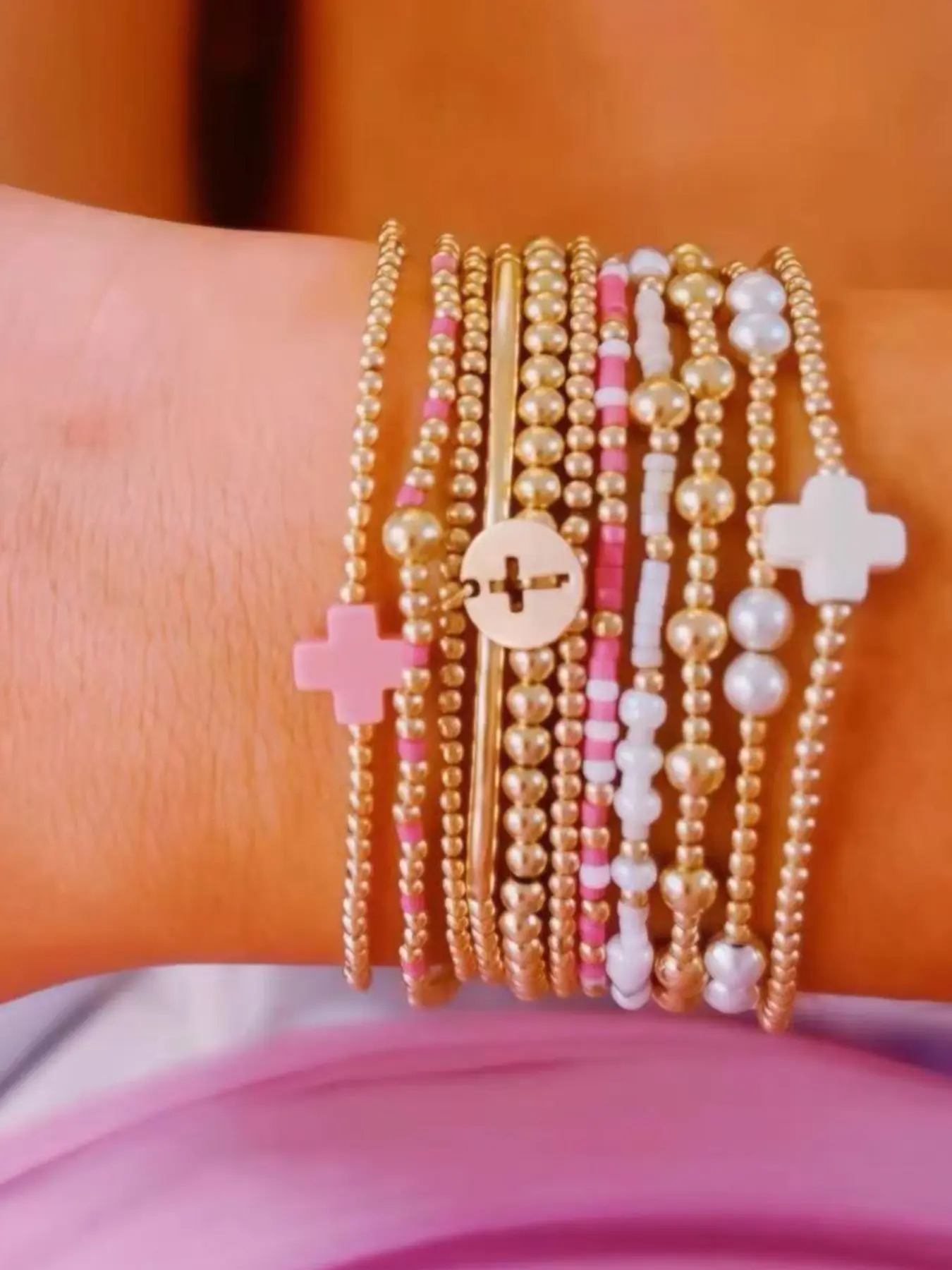 11-Piece Women's Cross Bracelet Set, Bracelet Bundle, Beaded Cross Bracelets, Colorful Beads, Ccb Beads, Faux Pearl Layered Elastic Wristbands, Birthday Gift