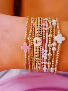 11-Piece Women's Cross Bracelet Set, Beaded Cross Bracelets, Colorful Beads, Ccb Beads, Faux Pearl Layered Elastic Wristbands, Birthday Gift