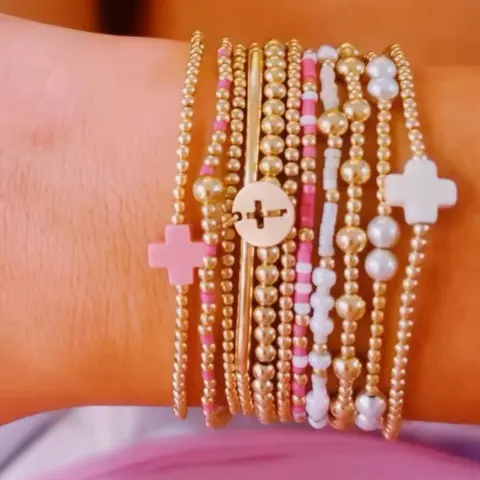 11-Piece Women's Cross Bracelet Set, Bracelet Bundle, Beaded Cross Bracelets, Colorful Beads, Ccb Beads, Faux Pearl Layered Elastic Wristbands, Birthday Gift