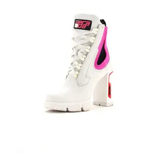 Pre-owned Prada Women's Heeled Lug Sole Combat Boots Leather and Neoprene by Rebag