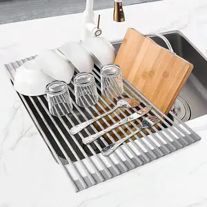 Roll Up Dish Drying Rack Over The Sink Foldable Heat Resistant Anti Slip Silicone Coated Steel Drainer 18 5 X 13 8 Multipurpose Kitchen Sink Organizer outdoorfun