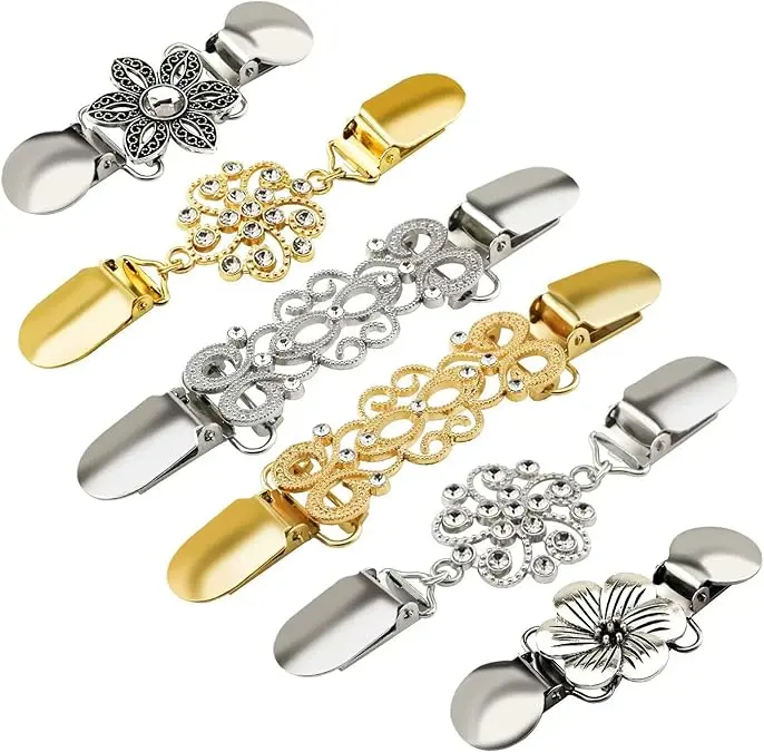 6PCS Retro Sweater Clips for Cardigans, Vintage Cinch Clip for Dresses, Variety of Styles Dress Clip Back of Shirts Cinches Shawl Clips for Different Women Clothing, 3 Sizes