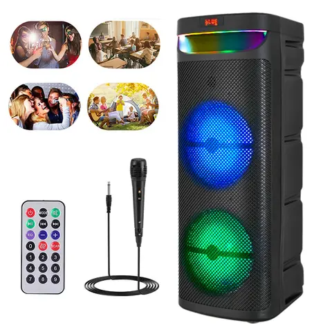 Dual 10-in Plastic Portable Bluetooth Music Speaker System - Heavy Bass Speakers, Rechargeable Karaoke Setup, Wired Microphone, Adjustable Handle, FM Radio, USB, TF, Remote Control, LED Lighting