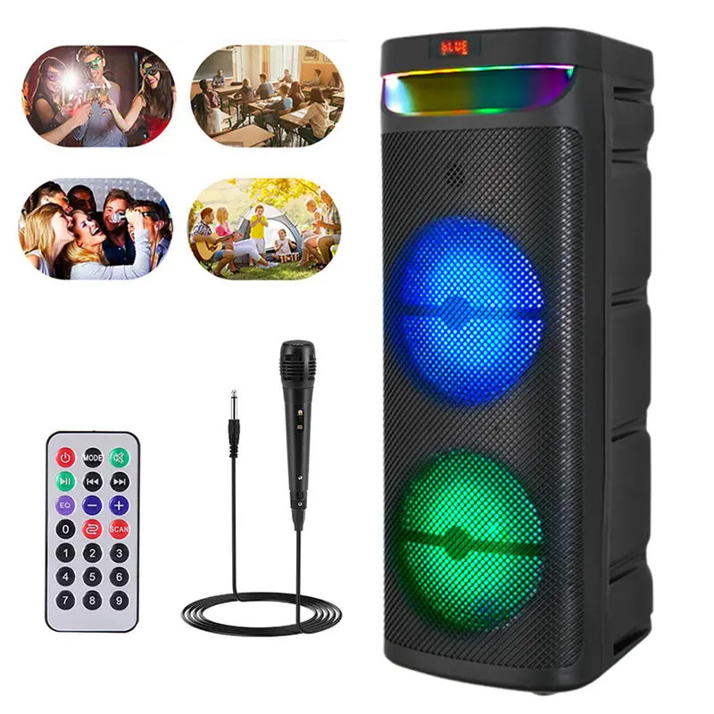 Dual 10-in Plastic Portable Bluetooth Music Speaker System - Heavy Bass Speakers, Rechargeable Karaoke Setup, Wired Microphone, Adjustable Handle, FM Radio, USB, TF, Remote Control, LED Lighting