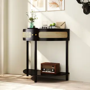 Unique Half Moon Design End Table with Sliding Rattan Door, Elegant Semi-circle Entryway Console Table with 2 Rattan Storage Cabinet and Bottom Shelf for Living room, Bedroom, Study, Hallway(Black)