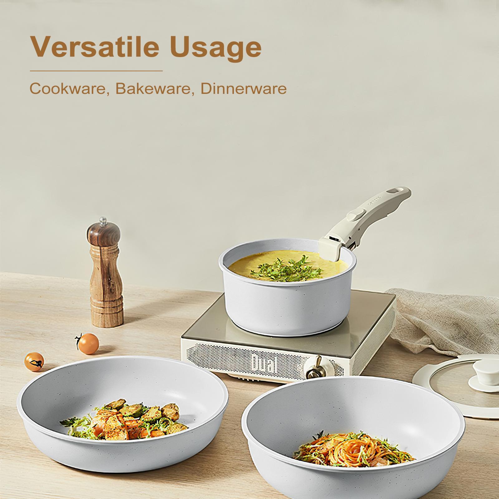 17pcs Pots and Pans Set, Non-Stick Cookware with Removable Handle,Frying Pan,Saucepan,Milk Pan,Silicone Glass Lid,Oven Safe,RV Cookware Set,Best Gift