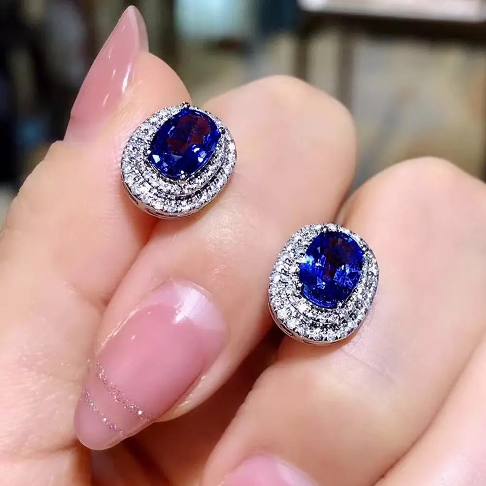 Gorgeous Blue Cubic Zircon Stud Earrings Temperament Oval Shaped Earrings Wedding Engagement Fashion Jewelry for Women